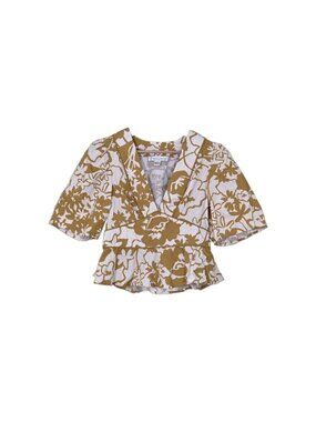 Band of the Free Deep V Neck Peplum Top M Floral Puff Sleeve Mustard Cream Boho